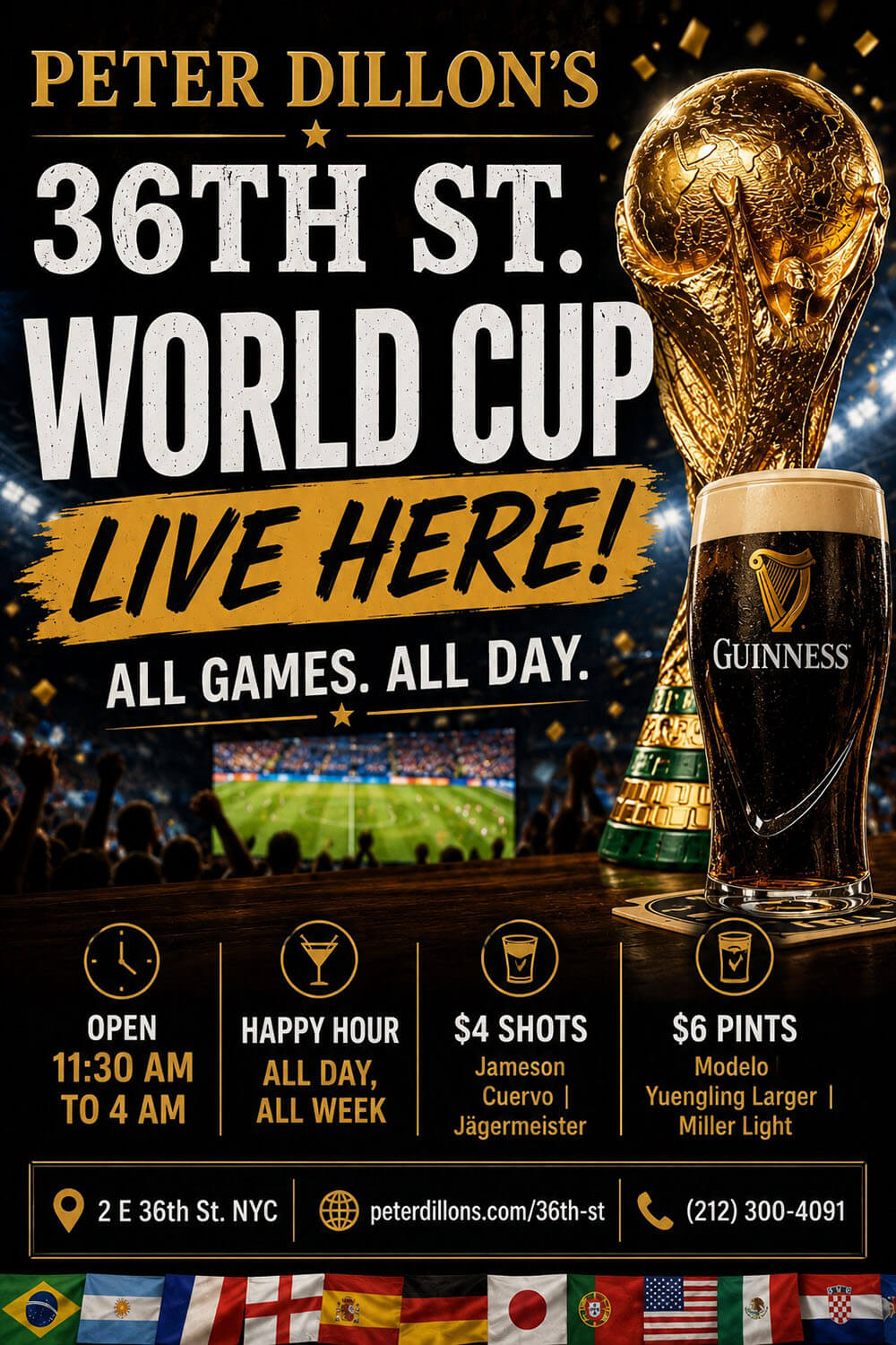 World Cup watch party at Peter Dillon’s 36th Street NYC featuring live soccer, all-day happy hour, drink specials, and late-night bar atmosphere.